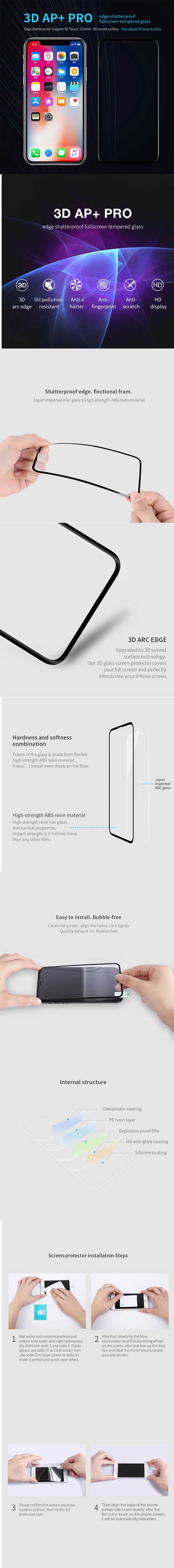 Nillkin Apple iPhone XS Max 3D AP+ Pro Tempered Glass Screen Protector