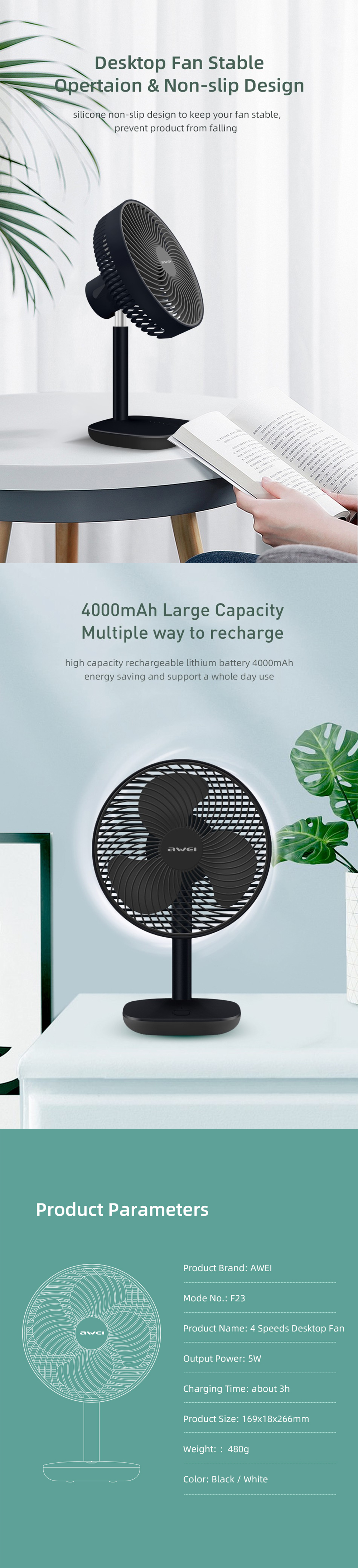 Awei F23 Mini Rechargeable Desktop Fan 4