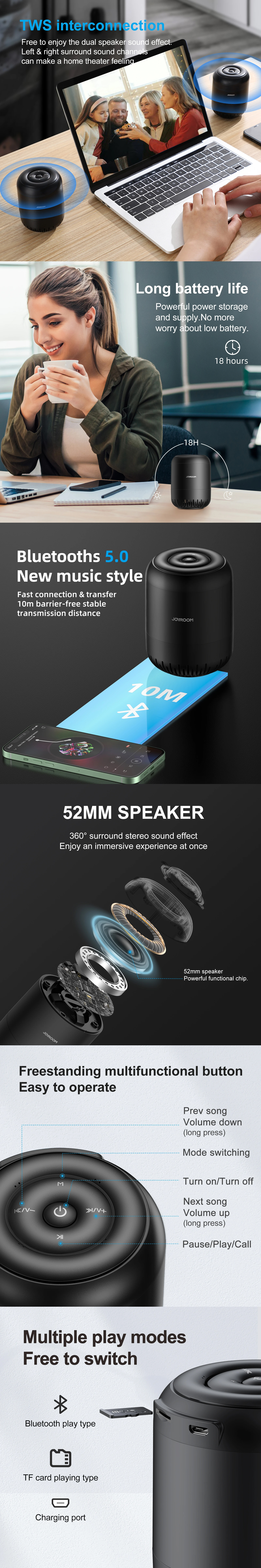 Joyroom JR-ML01 Bluetooth Speaker With 52mm High Fidelity Loudspeaker 2200mAh