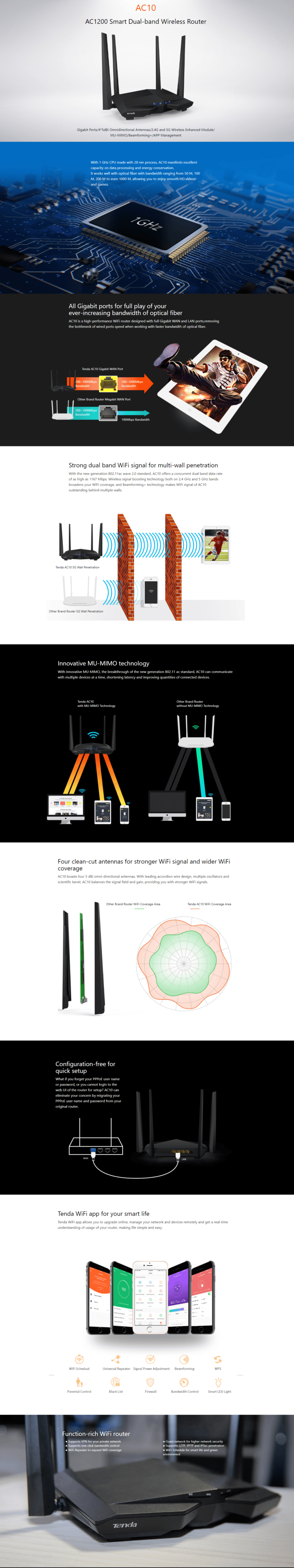 Routeur WiFi Tenda AC10 Double Bande 2.4/5GHz - 4 Ports Gigabit - Neuf