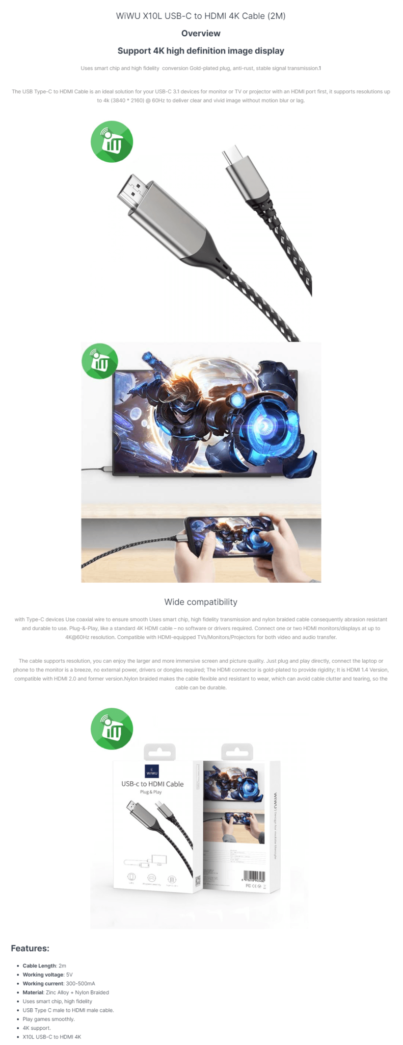 WiWU X10L USBC to HDMI 4K Cable (2M)