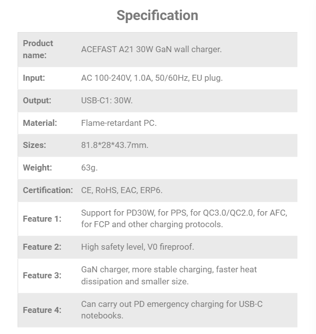 Fast Charge Wall Charger A21 GaN PD30W (1xUSB-C) EU I ACEFAST - High End  Accessories
