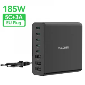 Rocoren 185W 5C+3A 8-Ports USB Type C PD QC3.0 Desktop Fast Charger (EU Plug)